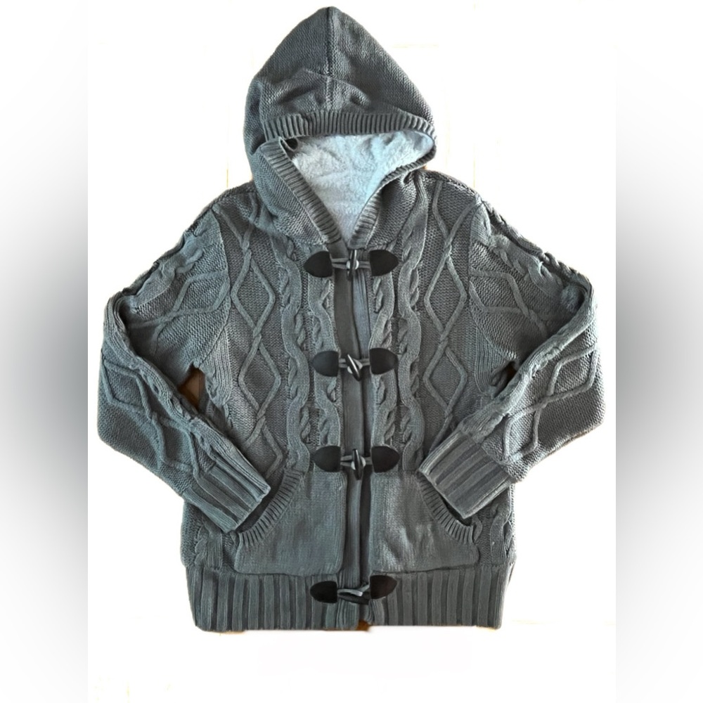 Cable Knit Sherpa Fleece Lined Hooded Cardigan Jacket Pockets Medium Solid Gray